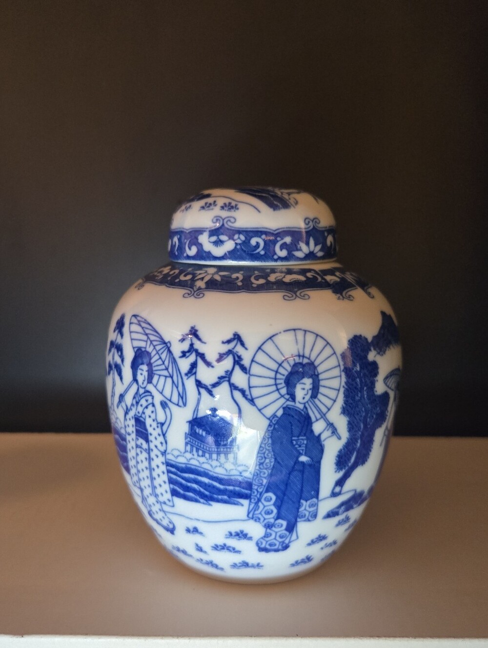 Vintage Japanese Blue and White Porcelain Ginger Jar with Lid